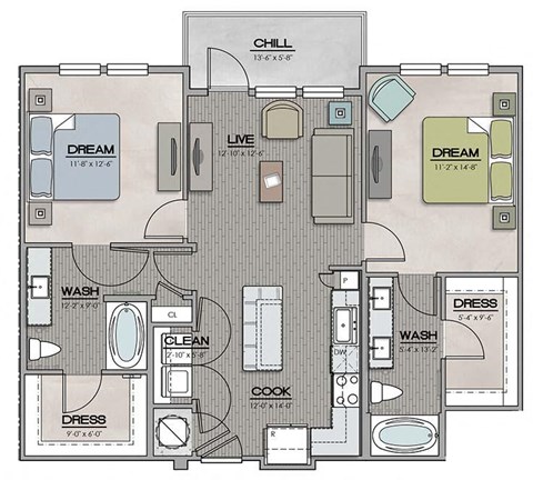 2 Bedroom 2 Bath A Floor Plan at The Jamestown Apartment Flats, Richmond